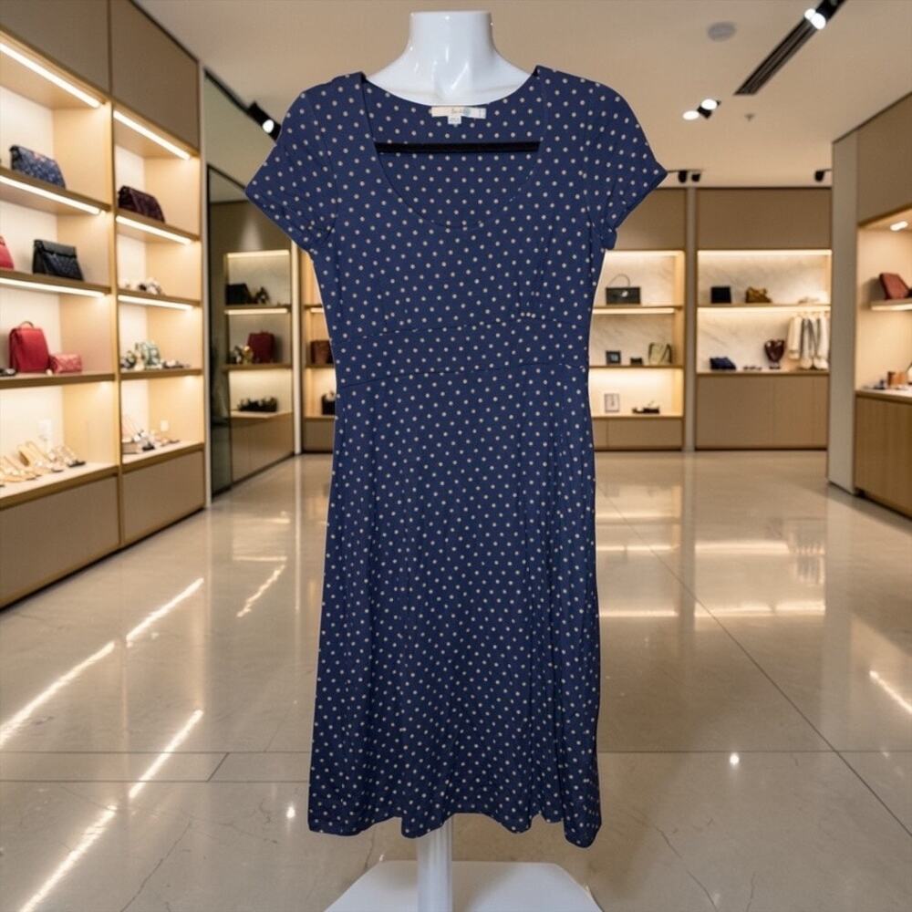 Boden Blue Polka Dot Midi Dress Cap Sleeve Stretch Pullover Size 4R Casual